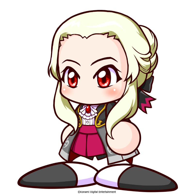 1girl, artist_request, ascot, black_coat, black_ribbon, black_shoes, blonde_hair, coat, commentary_request, copyright_notice, forehead, gold_trim, hair_bun, hair_ribbon, jikkyou_powerful_pro_yakyuu, jikkyou_powerful_pro_yakyuu_(style), kamira_misa, multicolored_shoes, no_mouth, official_art, open_clothes, open_coat, power_pro_appli, rayman_limbs, red_eyes, red_skirt, ribbon, shirt, shoes, single_hair_bun, skirt, solo, two-tone_shoes, white_ascot, white_background, white_shirt, white_shoes