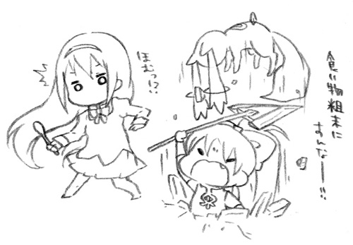0201ymrs, 2girls, akemi_homura, bow, chibi, hair_bow, hairband, homu