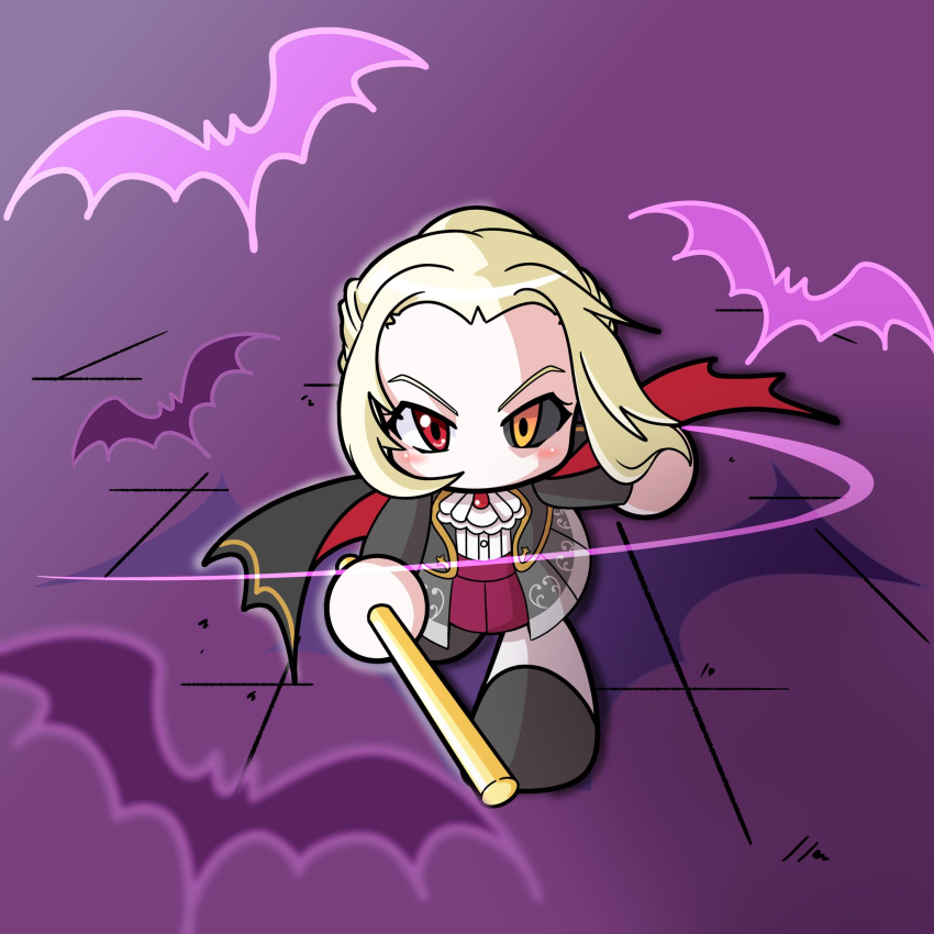 1girl, ascot, bat_(animal), black_cape, black_coat, black_sclera, black_shoes, blonde_hair