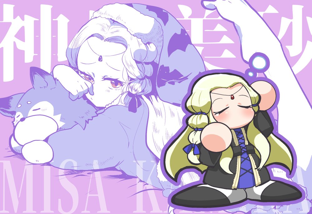 1girl, animal_hug, black_dress, black_shoes, blonde_hair, blue_bow, blue_dress, bow