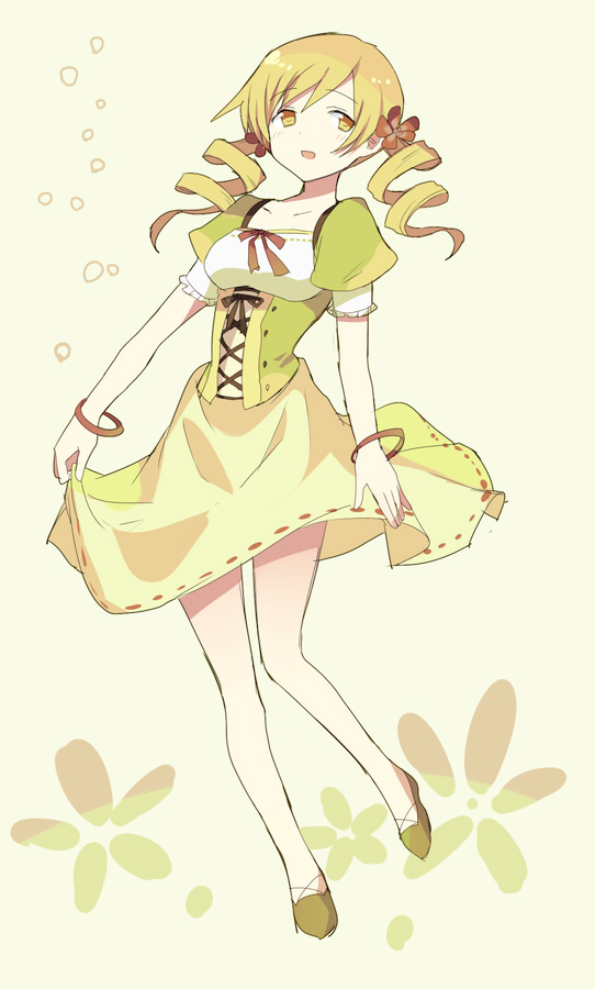 blonde_hair, casual, dress, drill_hair, mahou_shoujo_madoka_magica, megata, tomoe_mami, twin_drills, yellow_eyes