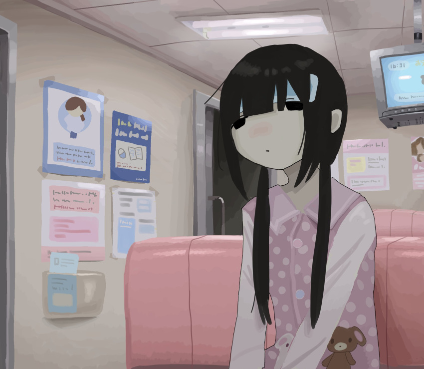 1girl, animal_print, bear_print, black_eyes, black_hair, buttons, ceiling, crt