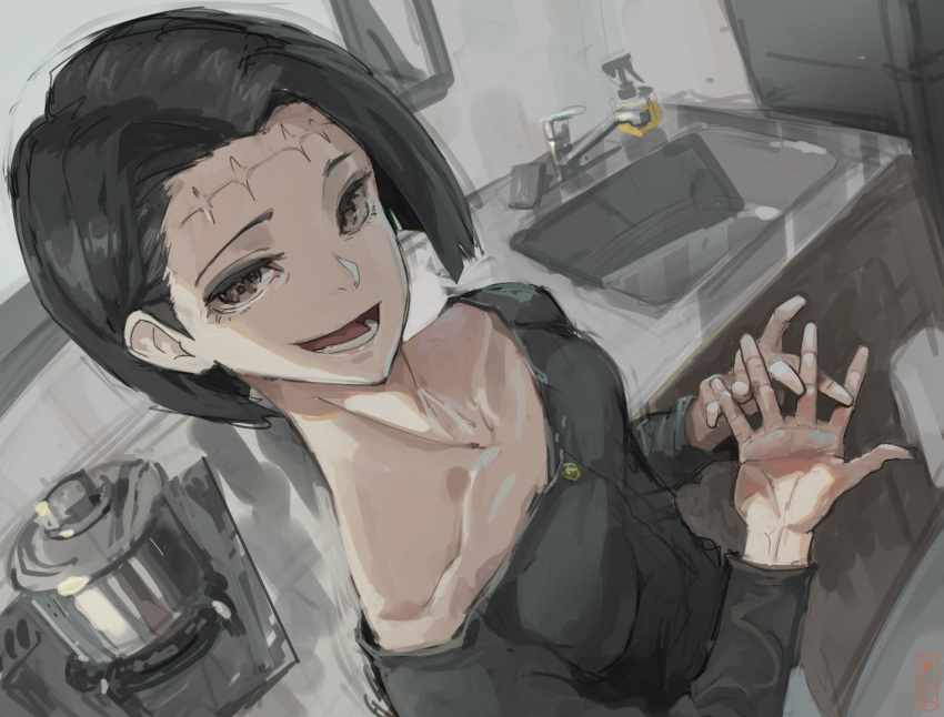 1girl, black_hair, blunt_bangs, cooking_pot, faucet, from_above, itadori_kaori, jujutsu_kaisen