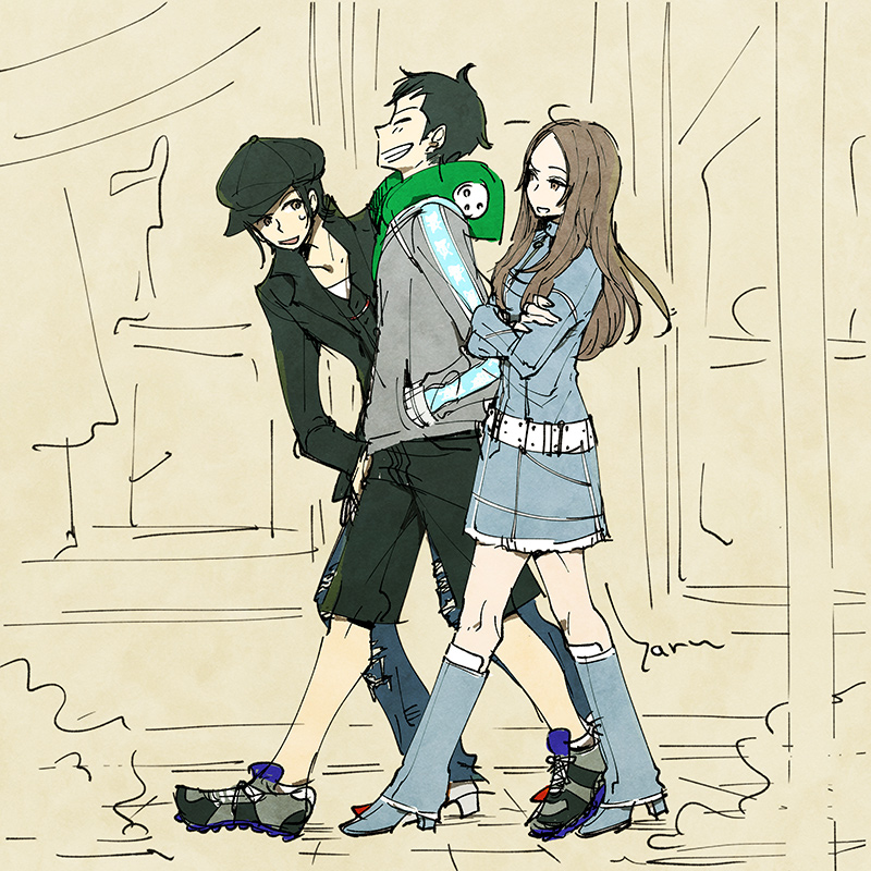 1girl, 2boys, black_hat, black_jacket, black_shorts, blue_dress, boots, brown_eyes