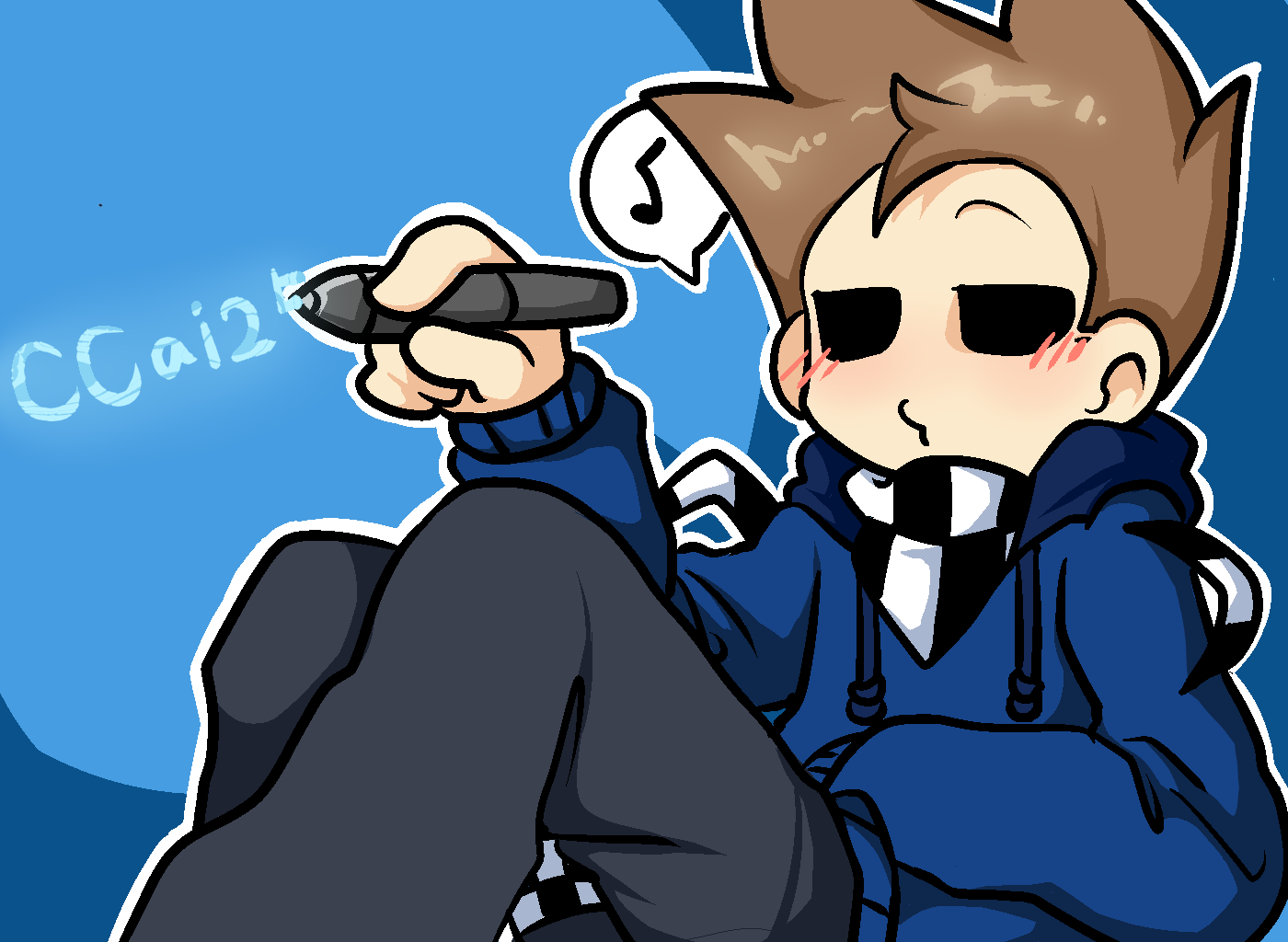 1boy, adapted_costume, animification, artist_name, black_pants, blue_background, blue_hoodie, brown_hair