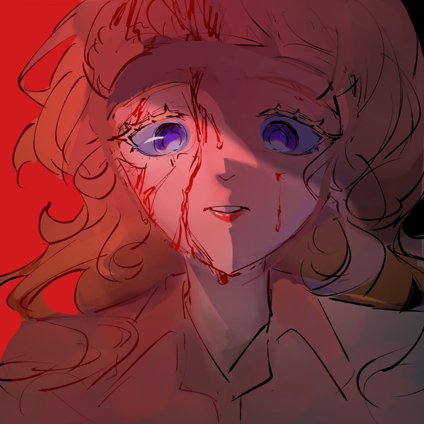1girl, blonde_hair, blood, blood_on_face, blue_eyes, collared_shirt, colored_eyelashes, commentary_request