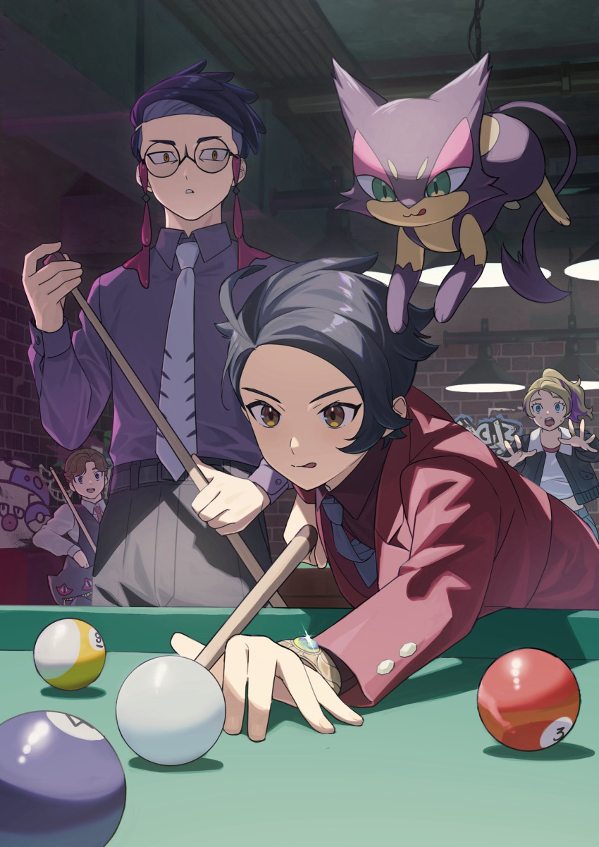 1girl, 2others, 3boys, :3, amakara000, ball, banette, bar_(place)