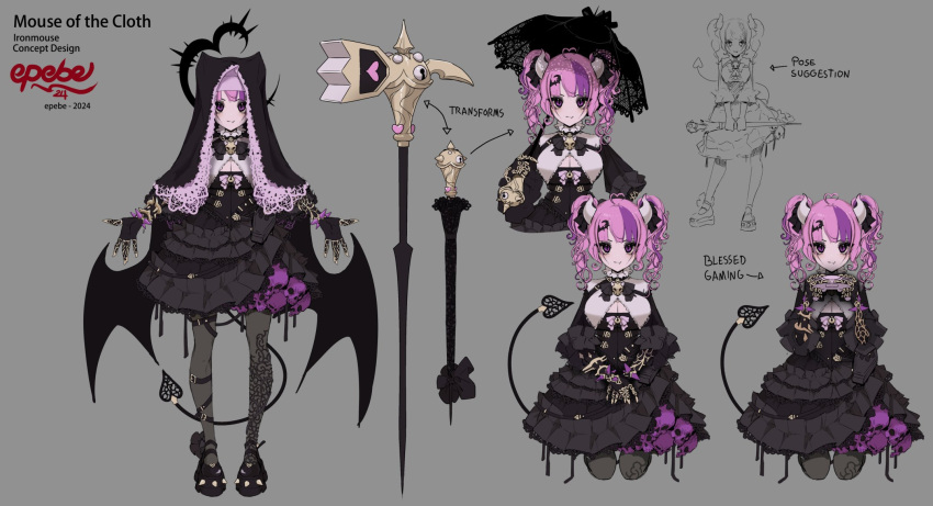1girl, black_dress, black_gloves, black_headdress, black_shoes, closed_mouth, commentary, demon_girl, demon_horns, demon_tail, dress, english_commentary, epebe, frilled_dress, frills, gloves, highres, horns, indie_virtual_youtuber, ironmouse, ironmouse_(mouse_of_the_cloth), looking_at_viewer, nun_headdress, official_alternate_costume, official_alternate_hairstyle, official_art, pink_hair, purple_streaks, shoes, smile, solo, tail, two_side_up, violet_eyes