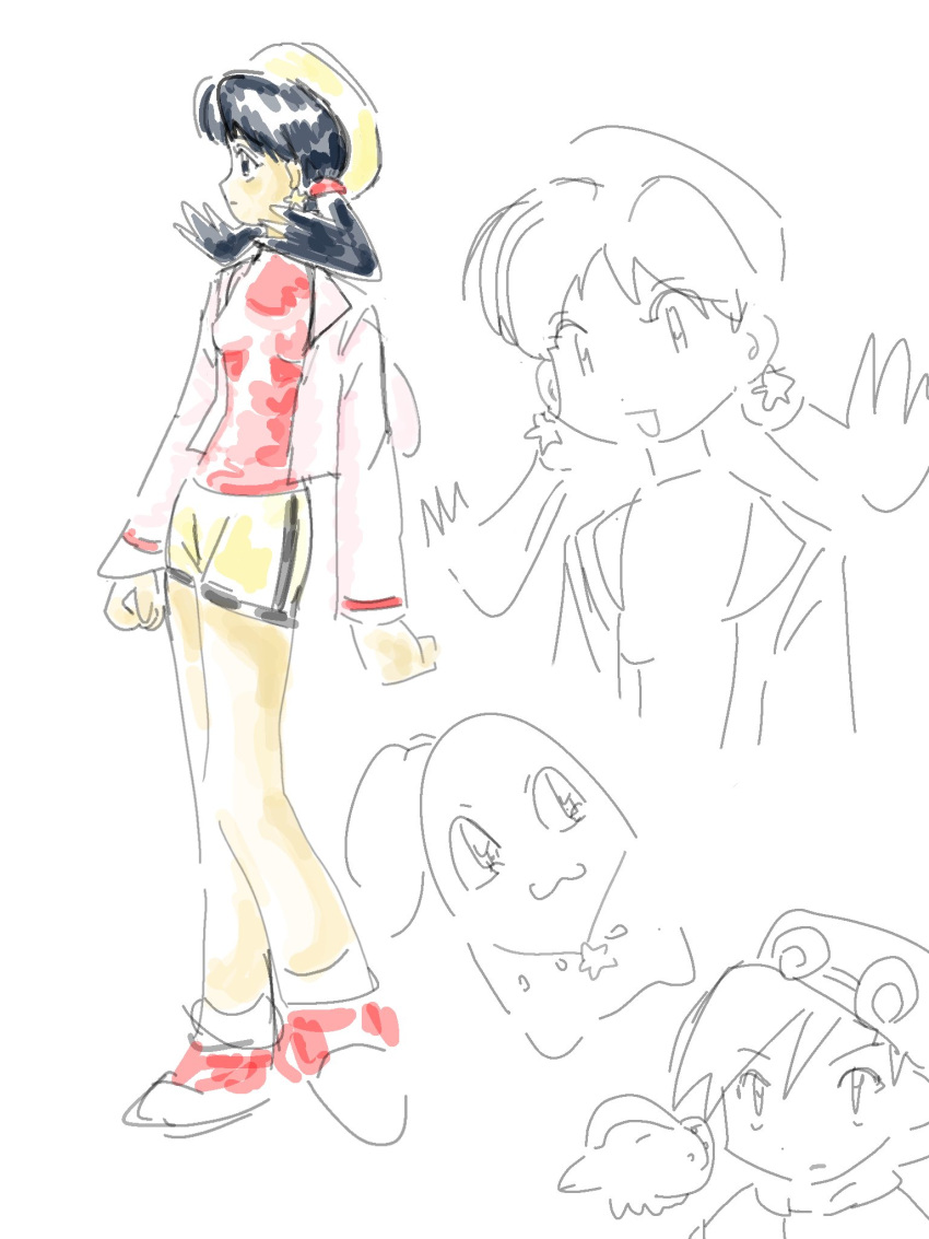 1girl, 2boys, backwards_hat, baseball_cap, bike_shorts, blue_eyes, blue_hair, chikorita