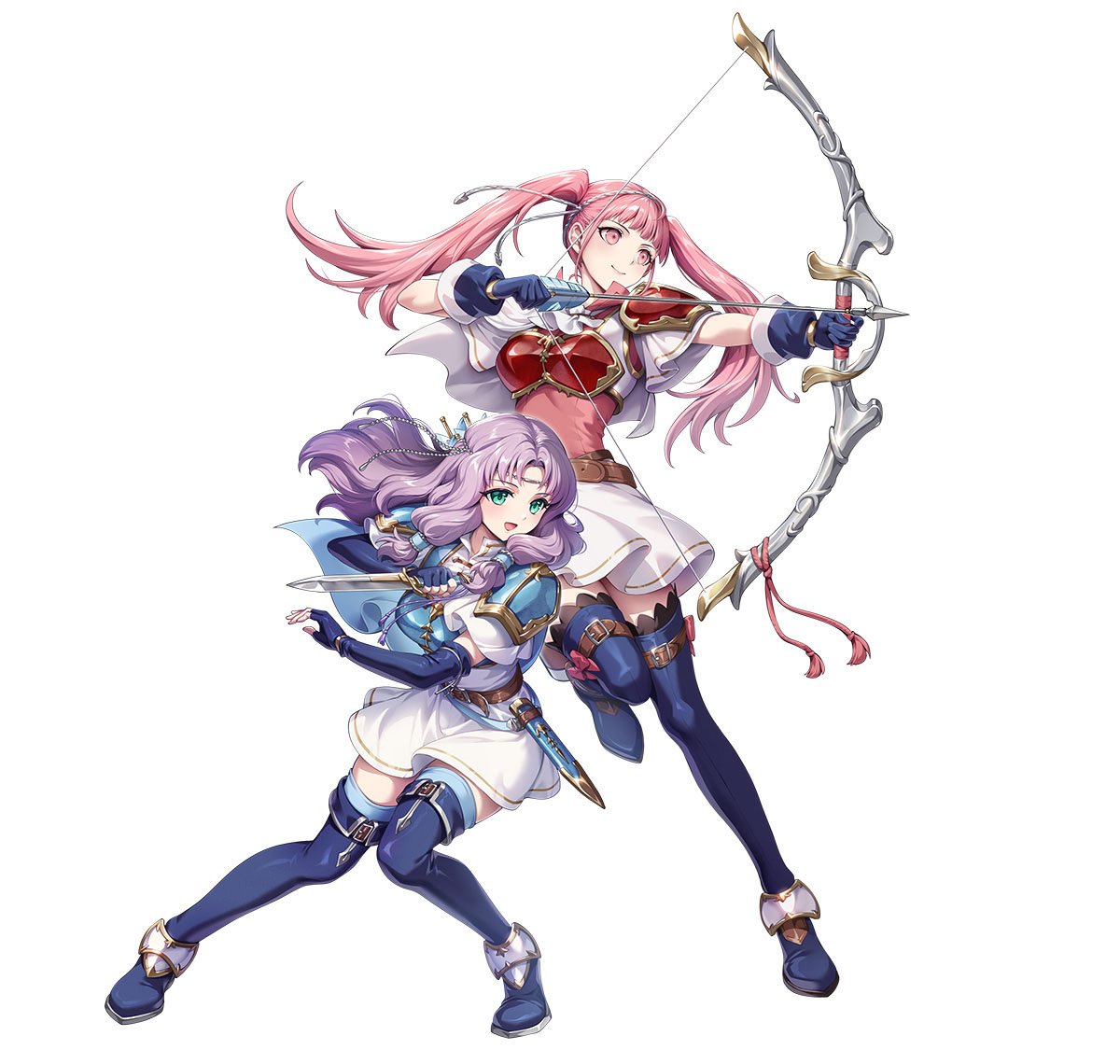 2girls, armor, arrow_(projectile), attack, belt, black_thighhighs, blue_boots, blue_cape