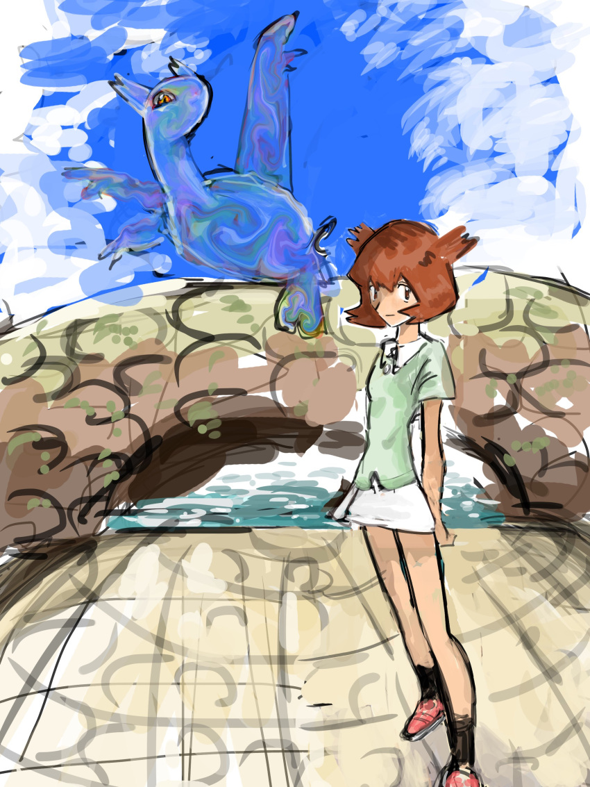 1girl, absurdres, alto_mare, arch_bridge, bianca_(pokemon_heroes), black_socks, bridge, brown_eyes, brown_hair, closed_mouth, clouds, day, dragon, flipped_hair, flying, fufu8484, full_body, green_shirt, highres, in-universe_location, latias, looking_at_viewer, miniskirt, outdoors, pokemon, pokemon_(anime), pokemon_(classic_anime), pokemon_(creature), pokemon_heroes:_latios_&amp;_latias, red_eyes, red_shoes, see-through_body, shirt, shoes, short_hair, short_sleeves, skirt, sky, socks, standing, white_skirt