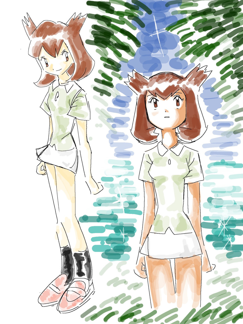 1girl, bianca_(pokemon_heroes), black_socks, brown_eyes, brown_hair, closed_mouth, day, flipped_hair