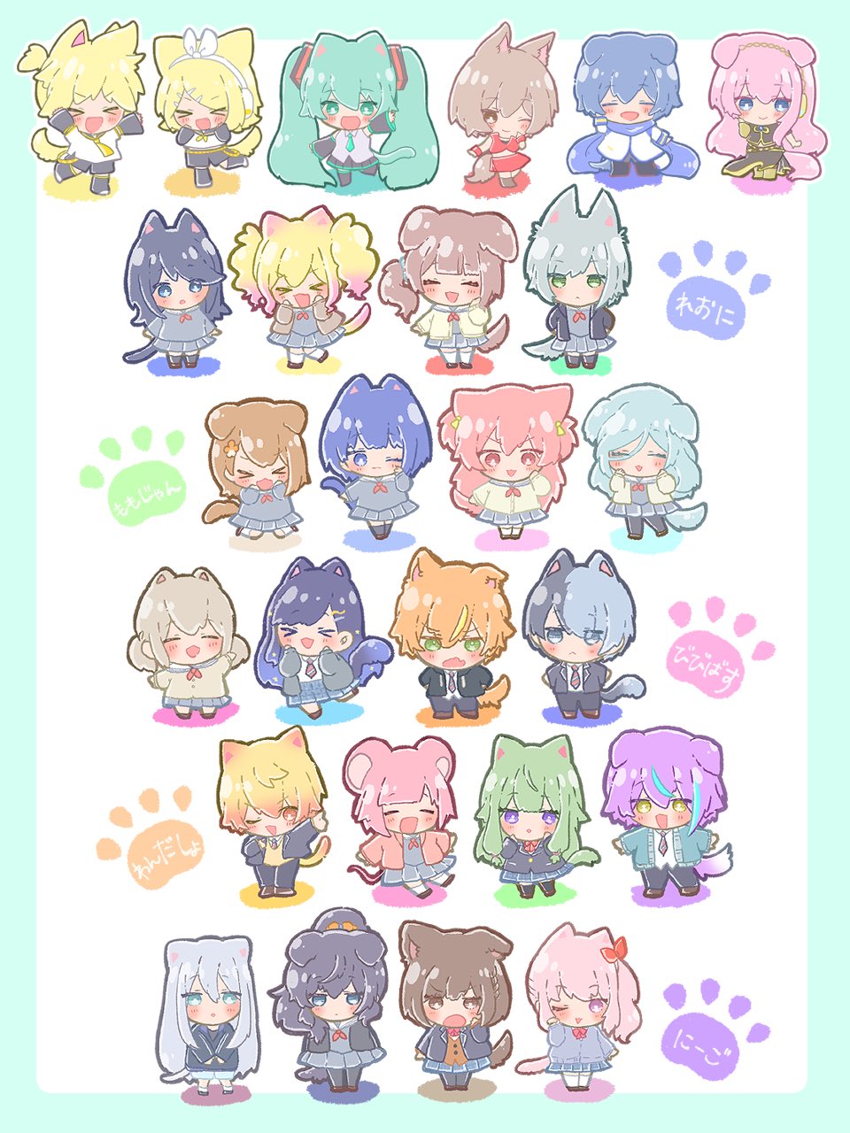>_<, 1other, 25-ji_nightcord_de._(project_sekai), 6+boys, 6+girls, akiyama_mizuki, animal_ears, aoyagi_touya
