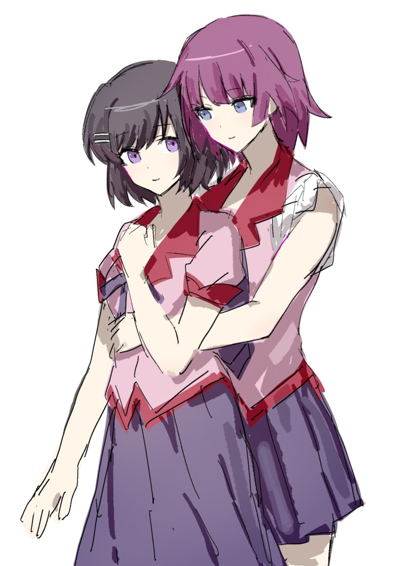 2girls, black_hair, hair_ornament, hairclip, hanekawa_tsubasa, highres, hug, hug_from_behind, looking_at_another, looking_at_viewer, multiple_girls, naoetsu_high_school_uniform, parallel_hairclips, pink_eyes, pink_shirt, puffy_short_sleeves, puffy_sleeves, purpe_skirt, purple_hair, school_uniform, senjougahara_hitagi, shirt, short_hair, short_sleeves, simple_background, w1sd8396453, white_background