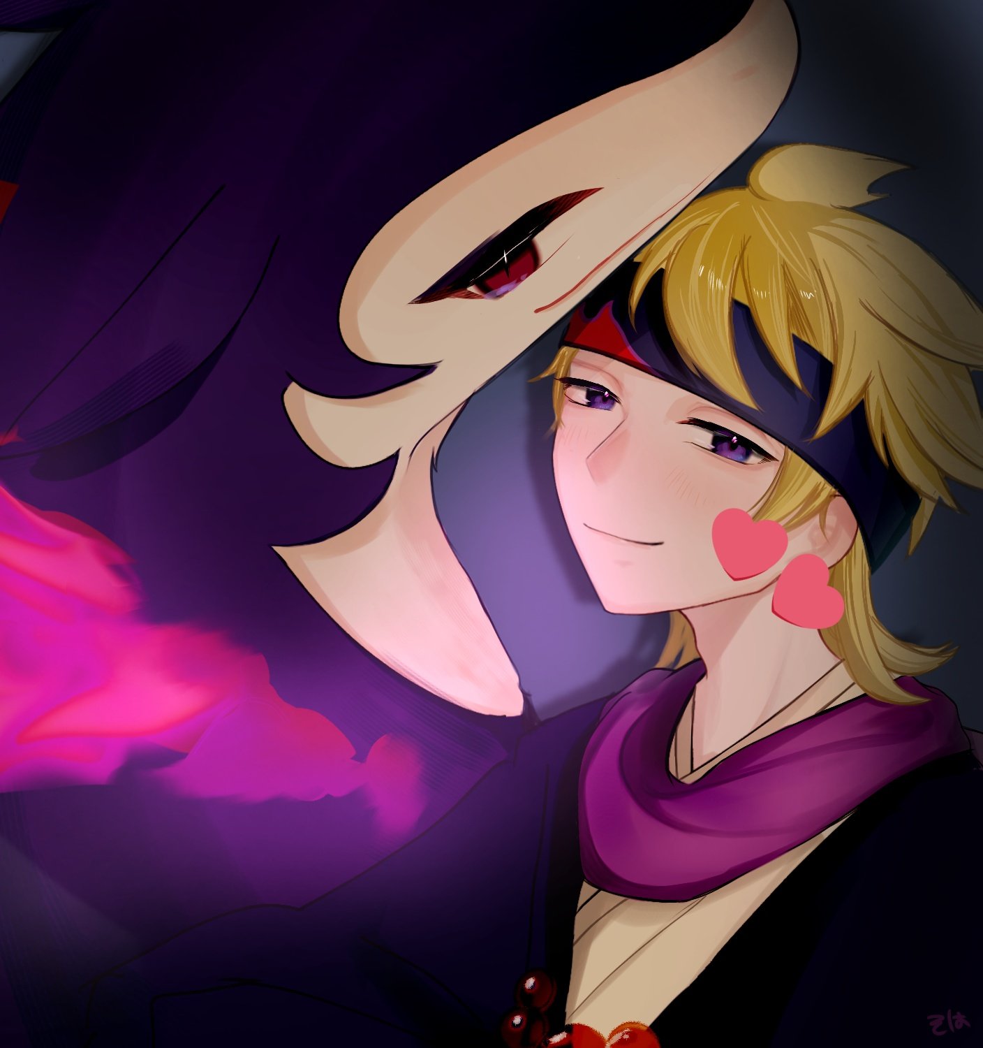 1boy, blonde_hair, fire, headband, heart_emoji, highres, hisuian_typhlosion, looking_at_viewer