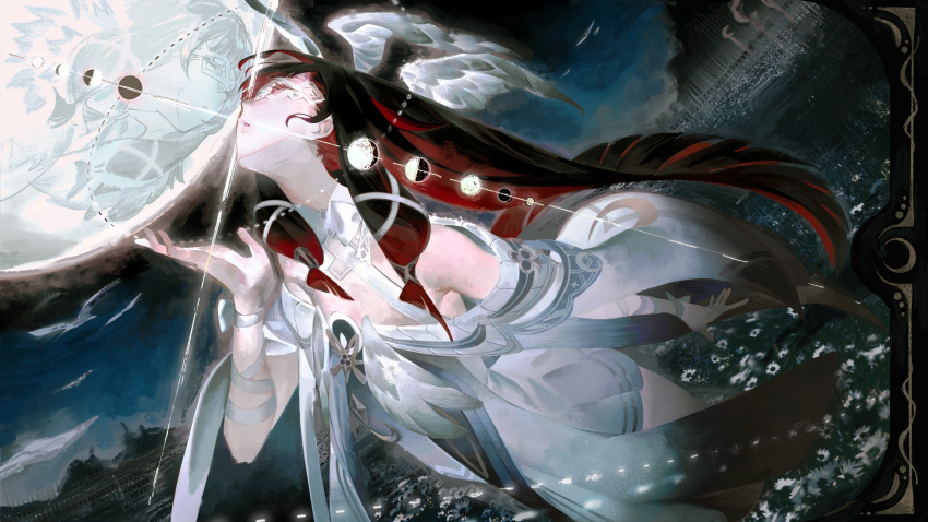 1girl, absurdres, black_hair, closed_eyes, columbina_(genshin_impact), dress, english_commentary, eye_mask