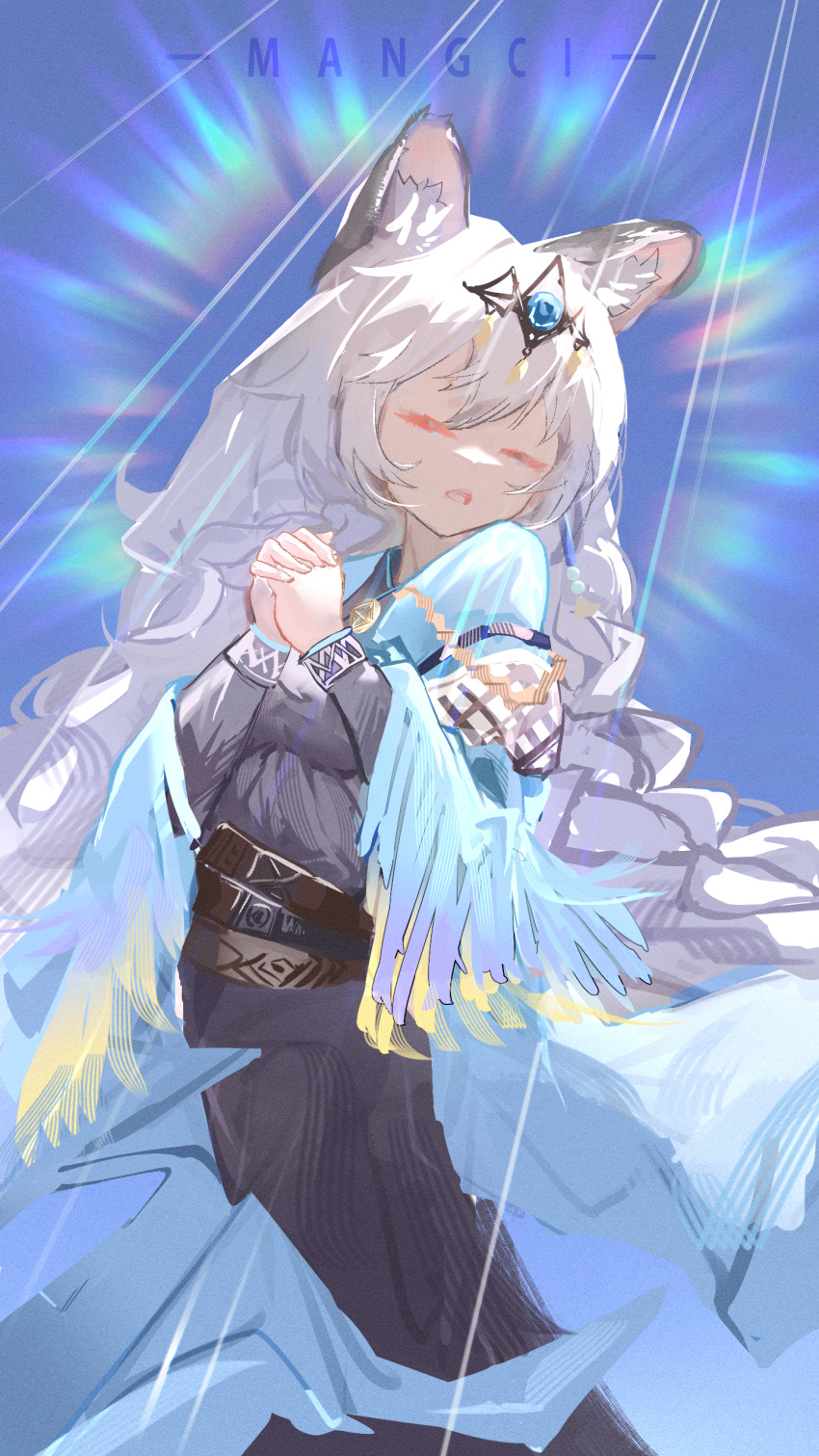 1girl, absurdres, animal_ear_fluff, animal_ears, arknights, arms_up, black_dress, blue_background