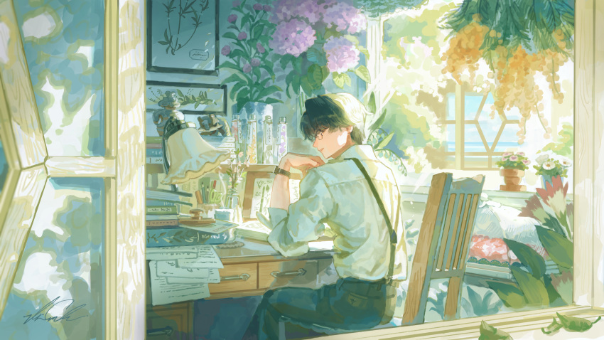 1boy, absurdres, art_supplies, beach, book, bouquet, brown_hair, commentary_request, desk, desk_lamp, dress_shirt, flower, flower_pot, glasses, hanging_plant, highres, hyacinth, hydrangea, lamp, original, paper_stack, plant, pondering, potted_plant, seaside, shelf, shigre, shirt, shop, suspenders, tulip, yellow_flower