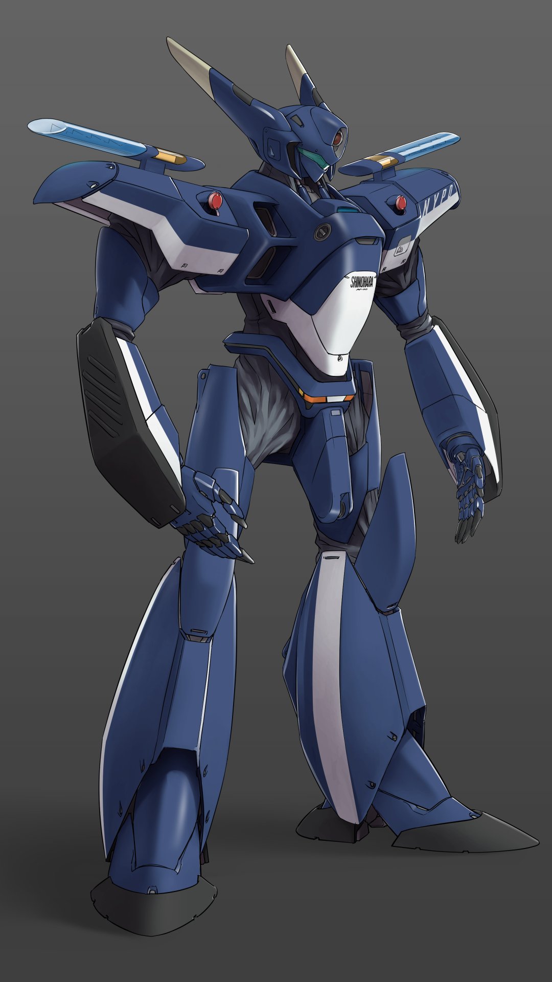 arms_at_sides, assault_visor, av-xo_type_zero, commentary_request, full_body, green_visor, grey_background, highres, kidou_keisatsu_patlabor, l.w._mirage, mecha, mecha_focus, no_humans, police, robot, science_fiction, solo, standing