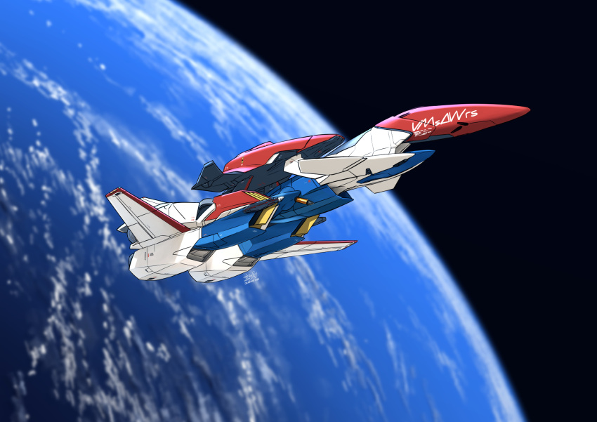 alternate_form, blurry, blurry_background, commentary, dated, earth_(planet), ex-s_gundam, gundam, gundam_sentinel, highres, l.w._mirage, no_humans, planet, science_fiction, signature, space, spacecraft, starfighter