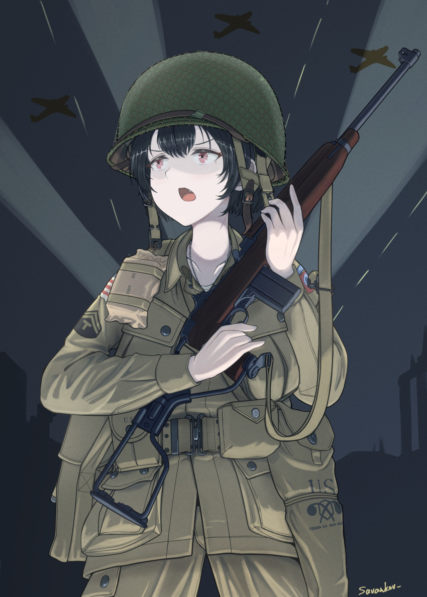 1girl, 82nd_airborne, absurdres, ammunition_pouch, artist_name, battle_of_sicily, black_hair, collarbone