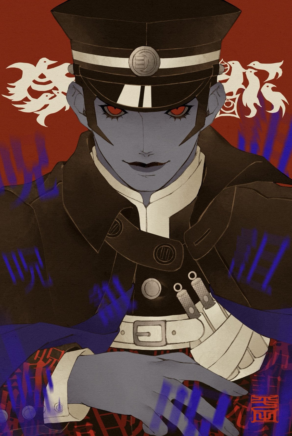 1boy, black_cloak, black_hair, black_jacket, blue_skin, cloak, colored_skin, commentary_request, devil_summoner:_raidou_kuzunoha_vs_the_soulless_army, devil_summoner_(series), gakuran, hat, highres, jacket, kuzunoha_raidou, looking_at_viewer, male_focus, pertex_777, red_background, red_eyes, school_uniform, shako_cap, sideburns, solo, upper_body, yumizuki_imperial_high_school_uniform
