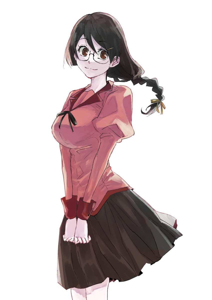 1girl, black_hair, braid, brown_eyes, commentary_request, glasses, grey_skirt, hanekawa_tsubasa, hatahata_(okkrslk), highres, looking_at_viewer, monogatari_(series), naoetsu_high_school_uniform, pink_shirt, puffy_sleeves, school_uniform, shirt, simple_background, skirt, smile, solo, white_background