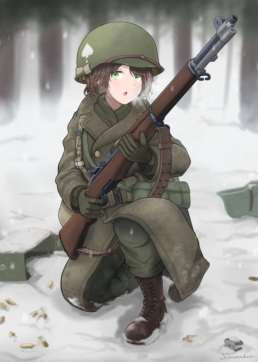 101st_airborne, 1girl, 506th_parachute_infantry_regiment_(us_army), absurdres, ammunition_pouch, artist_name, battle_of_the_bulge, boots