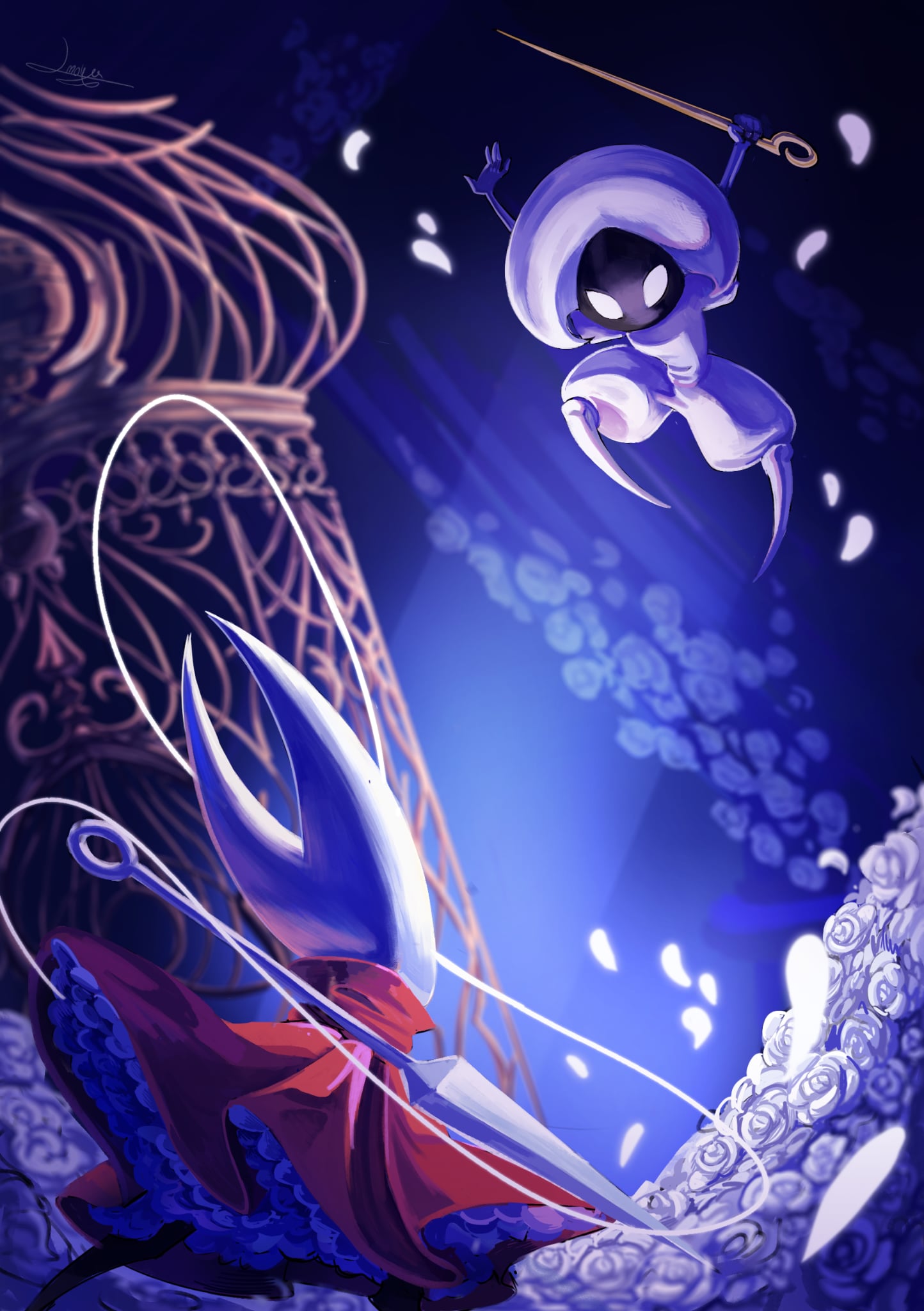 2girls, arthropod_girl, black_skin, blank_eyes, bodysuit, boss_fight, cloak, colored_skin