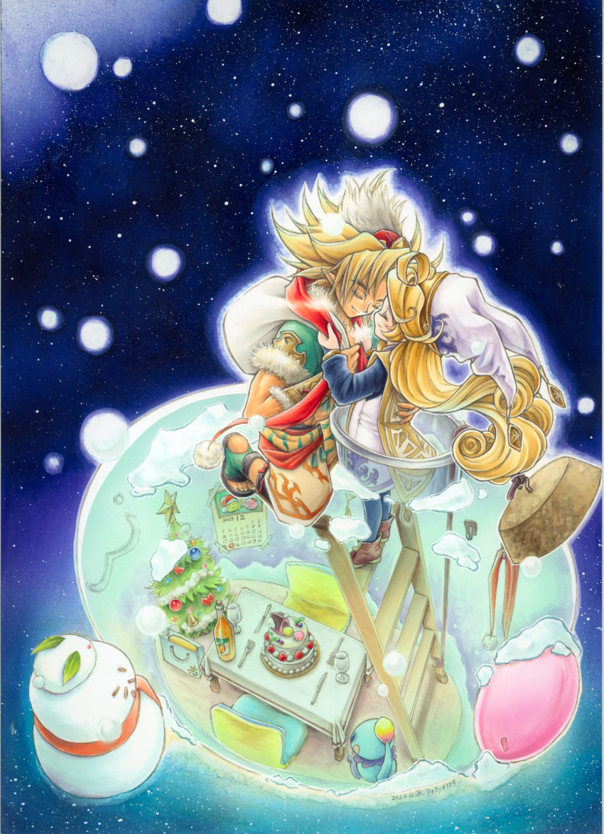 1boy, 1girl, blonde_hair, cake, charlotte_(seiken_densetsu_3), christmas, christmas_tree, closed_eyes