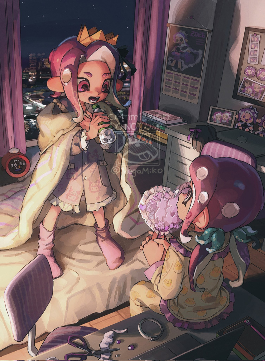 2girls, blue_ribbon, bottle, commentary, commission, corrupted_twitter_file, crown, dress