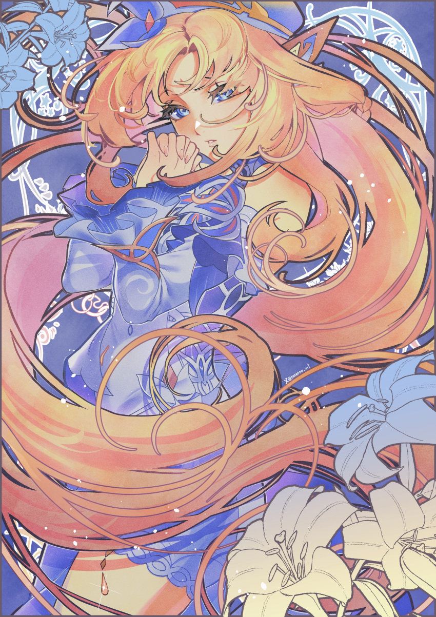 1girl, absurdres, blonde_hair, blue_background, blue_dress, blue_eyes, commentary, cowboy_shot