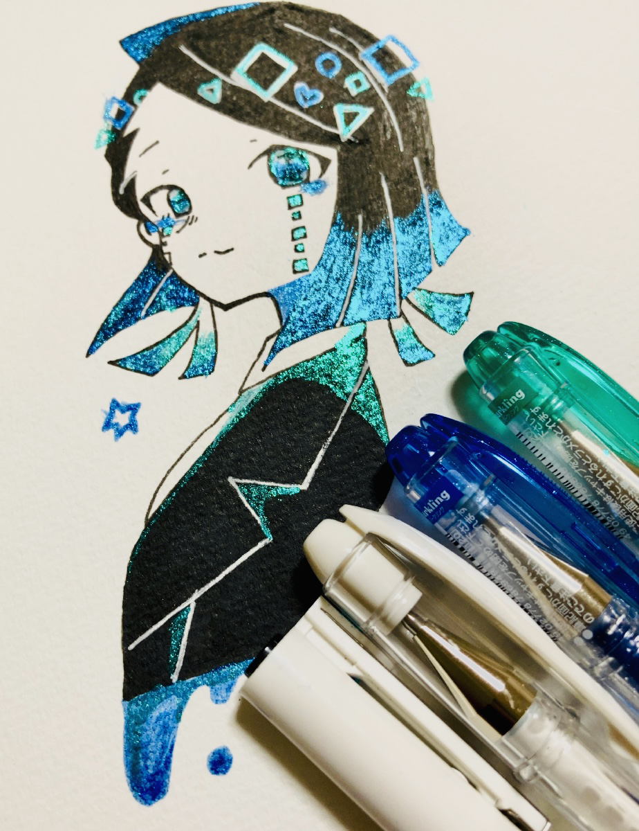 :3, alternate_hair_color, art_tools_in_frame, asymmetrical_bangs, black_hair, black_jacket, blue_eyes, blue_theme, buttons, circle_hair_ornament, closed_mouth, colored_tips, commentary_request, cropped_torso, demon_boy, dissolving, enmu_(kimetsu_no_yaiba), facial_mark, from_side, hair_ornament, heart, heart_hair_ornament, heart_on_cheek, highres, jacket, kimetsu_no_yaiba, lapels, light_smile, long_sleeves, looking_at_viewer, male_focus, medium_hair, monochrome, multicolored_hair, nekosann0119, split_mouth, square_hair_ornament, star_(symbol), star_on_cheek, suit_jacket, symbol-shaped_pupils, tears_facial_mark, too_many_hair_ornaments, traditional_media, trap, triangle_hair_ornament, undershirt, upper_body