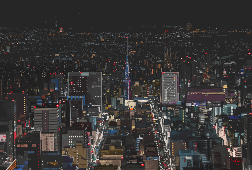 building, city, city_lights, cityscape, from_above, highres, nagoya_(city), night