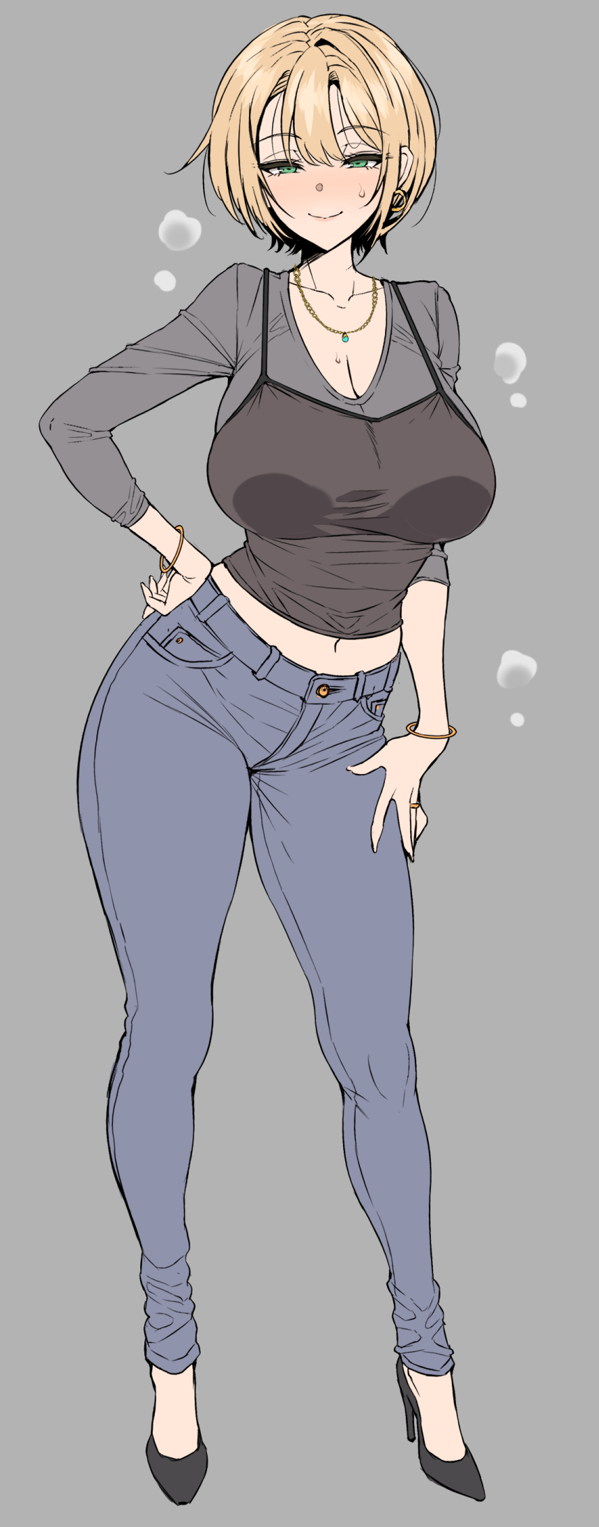 bangle, blonde_hair, blush, bracelet, breasts, commentary_request, earrings, full_body, gold_earrings, green_eyes, hand_on_own_hip, heavy_breathing, high_heels, highres, housewife, huge_breasts, jewelry, legs_apart, long_sleeves, looking_at_viewer, low-cut, midriff_peek, naughty_face, navel_peek, necklace, original, pants, skinny_jeans, smile, standing, sweat, sweatdrop, tank_top, thick_thighs, thighs, tight_clothes, tight_pants, wakura_(gcdan), wide_hips, wolf_cut