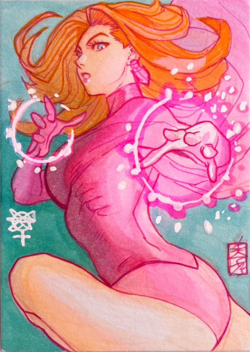 1girl, acecore2k, artist_logo, atom_eve, blue_eyes, breasts, cape, casting_spell