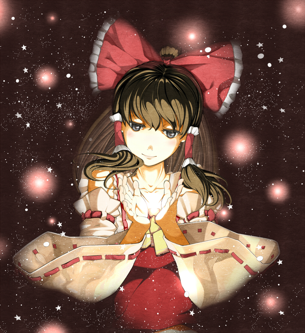 ascot, bow, brown_eyes, brown_hair, bust, collarbone, detached_sleeves, hair_bow