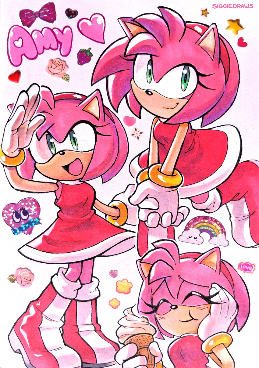 1girl, :d, absurdres, amy_rose, artist_name, boots, bracelet, character_name