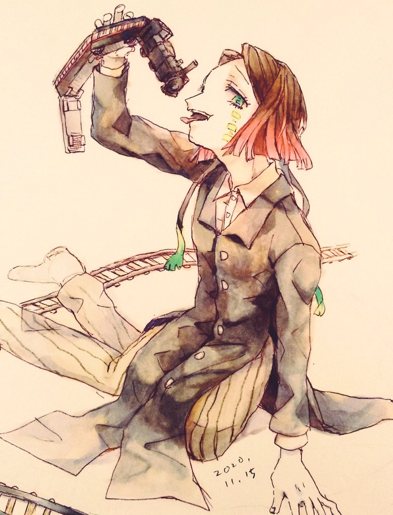 1boy, 2020, arm_support, arm_up, asymmetrical_bangs, black_hair, black_jacket, buttons, coattails, colored_tips, commentary_request, dated, demon_boy, enmu_(kimetsu_no_yaiba), facial_mark, foot_out_of_frame, from_above, green_eyes, grey_pants, holding, holding_toy, imminent_vore, implied_vore, jacket, kanna_nijiniji, kimetsu_no_yaiba, long_sleeves, looking_at_viewer, male_focus, medium_hair, multicolored_hair, open_mouth, pants, pinstripe_pants, pinstripe_pattern, profile, railroad_tracks, shoes, sitting, solo, suit_jacket, symbol-shaped_pupils, tailcoat, tears_facial_mark, teeth, tongue, tongue_out, toy, toy_train, traditional_media, trap, undershirt, upper_teeth_only, white_shoes, yellow_background, yokozuwari