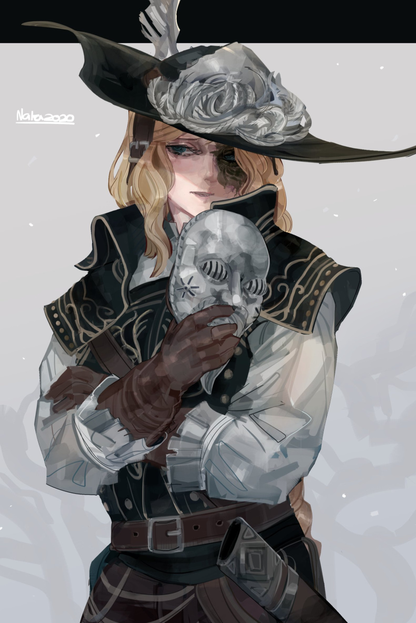 1girl, artist_name, belt, belt_buckle, black_hat, blonde_hair, blue_eyes, brown_belt