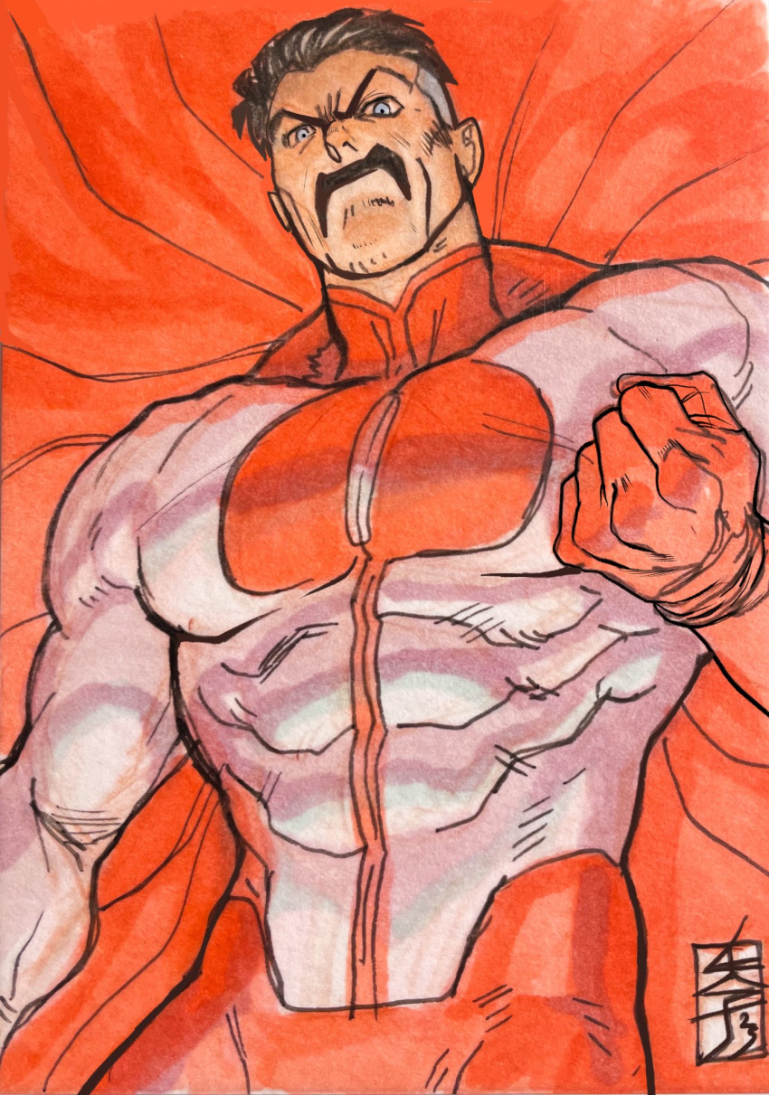 1boy, abs, acecore2k, angry, artist_logo, black_hair, blue_eyes, cape, clenched_hand, commentary, english_commentary, facial_hair, frown, frown_lines, graphite_(medium), grey_hair, highres, invincible_(series), logo, looking_at_viewer, looking_down, male_focus, muscular, muscular_male, mustache, obliques, omni-man, red_cape, short_hair, solo, solo_focus, superhero_costume, traditional_media, upper_body
