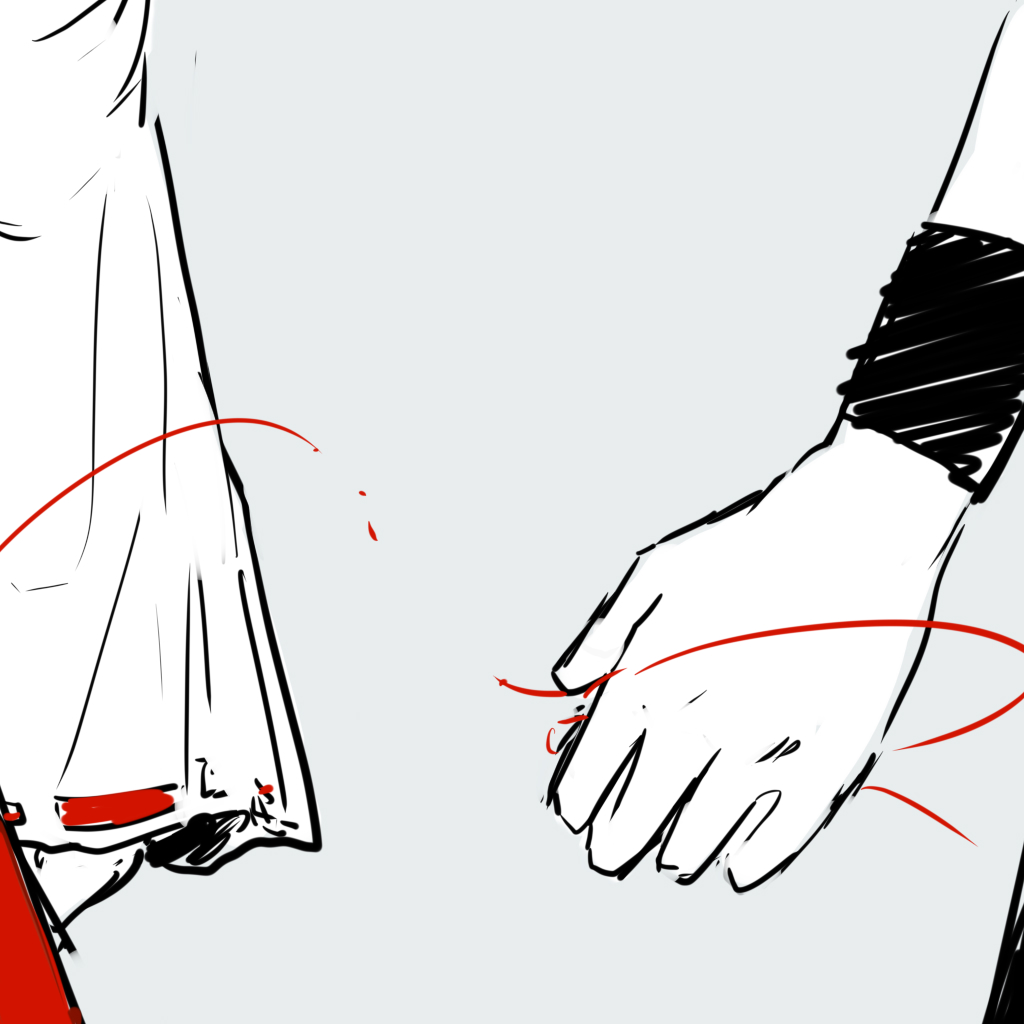 2girls, babaiwan_fengchui, black_skirt, chinese_commentary, commentary_request, grey_background, hakurei_reimu, hand_focus, kirisame_marisa, multiple_girls, red_skirt, ribbon-trimmed_sleeves, ribbon_trim, simple_background, skirt, string, string_of_fate, touhou, yuri