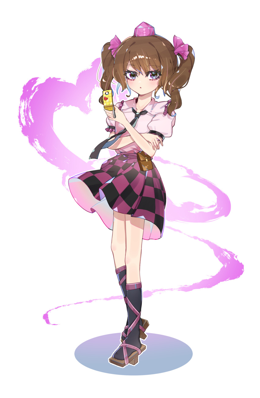1girl, absurdres, black_skirt, black_socks, brown_hair, brown_sandals, camera_phone, cellphone