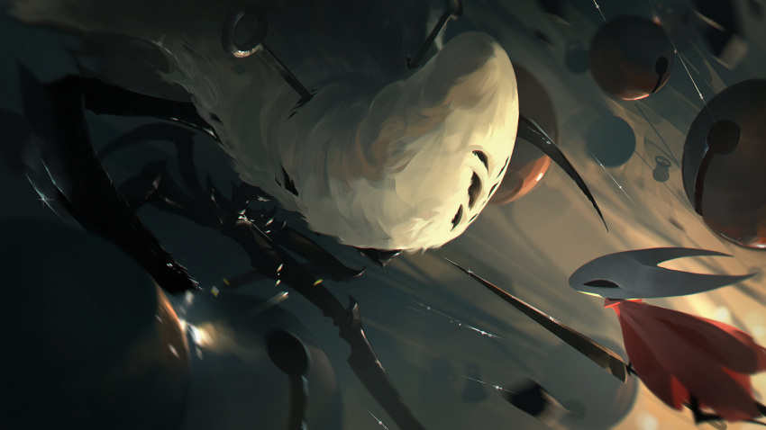 2girls, absurdres, arthropod_girl, bell, black_eyes, black_skin, boss_fight, cloak, colored_skin, commentary_request, extra_eyes, hdhenry, highres, holding, holding_weapon, hollow_eyes, hollow_knight, hollow_knight:_silksong, horned_mask, hornet_(hollow_knight), horns, looking_at_another, mask, multiple_girls, needle_(hollow_knight), pin_(hollow_knight), red_cloak, silk, string, weapon, white_mask, widow_(hollow_knight)