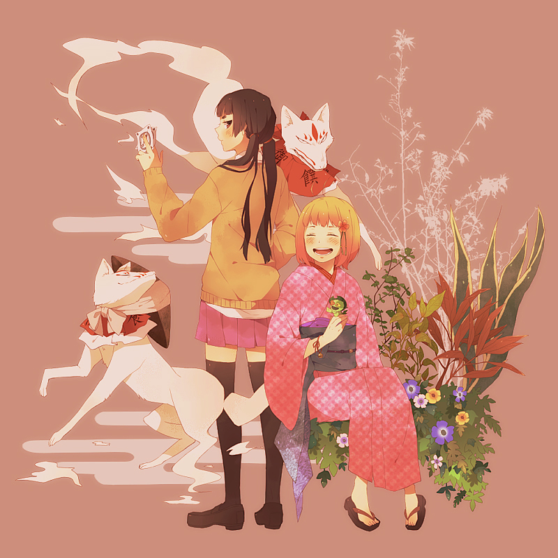 ao_no_exorcist, arco21, bad_id, black_hair, black_legwear, blonde_hair, brown_background, byakko_(ao_no_exorcist), closed_eyes, egasumi, eyes_closed, flower, fox, geta, hair_flower, hair_ornament, hair_tie, japanese_clothes, kamiki_izumo, kimono, long_hair, moriyama_shiemi, multiple_girls, nii_(ao_no_exorcist), open_mouth, purple_eyes, school_uniform, short_hair, sitting, skirt, smile, standing, thigh-highs, thighhighs, twintails, violet_eyes, zettai_ryouiki