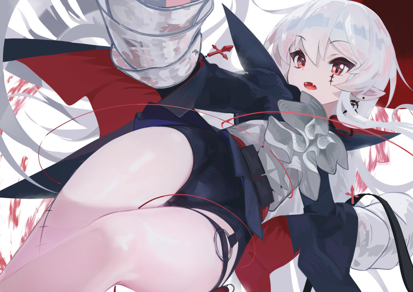 1girl, absurdres, arknights, black_shorts, commentary_request, cross, earrings, fangs