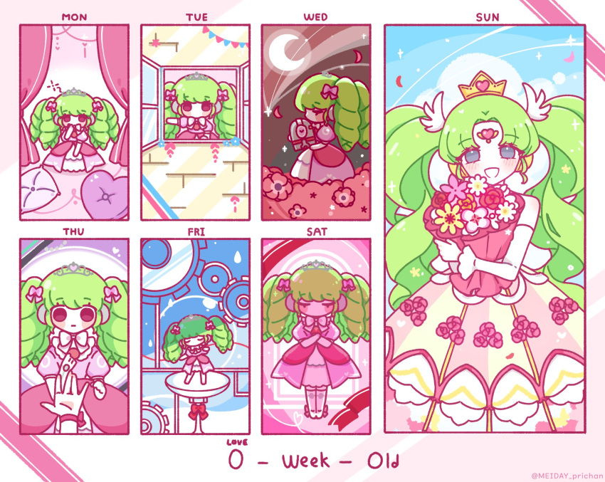 :d, bare_shoulders, black_eyes, blush_stickers, boots, bouquet, bow, closed_eyes, commentary, crescent_moon, dress, dress_flower, drill_hair, elbow_gloves, english_text, expressionless, falling_petals, falulu, falulu_(awakened), flower, from_outside, from_side, full_body, gears, gloves, green_hair, grey_eyes, hair_bow, hand_up, hands_on_own_chest, hands_up, happy, highres, holding, holding_bouquet, idol, idol_clothes, indoors, legs_apart, legs_together, light_blush, long_hair, meiyang, moon, multiple_views, night, no_mouth, no_nose, no_pupils, open_window, orange_flower, parted_bangs, petals, pillow, pink_bow, pink_dress, pink_flower, pretty_series, pripara, puffy_short_sleeves, puffy_sleeves, red_flower, short_sleeves, smile, sparkle, squeans, standing, straight-on, symbol-only_commentary, thigh_boots, tiara, twitter_username, wavy_hair, white_boots, white_bow, white_flower, white_gloves, window, yellow_flower, yurie_mouth, zettai_ryouiki