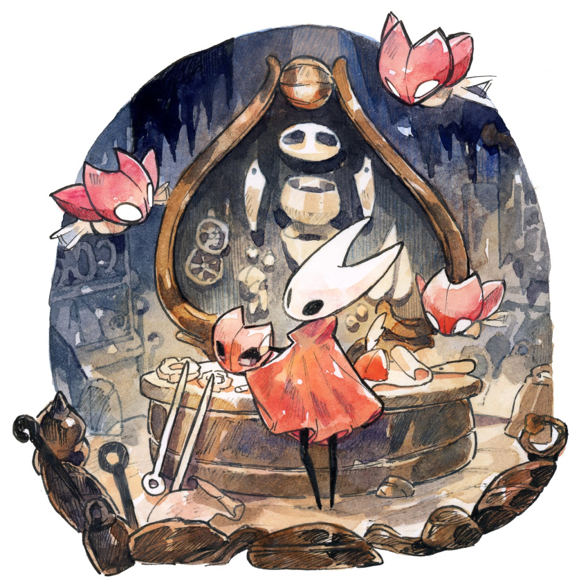 1girl, arthropod_girl, black_eyes, black_skin, cloak, cogfly_(hollow_knight), colored_skin, flying