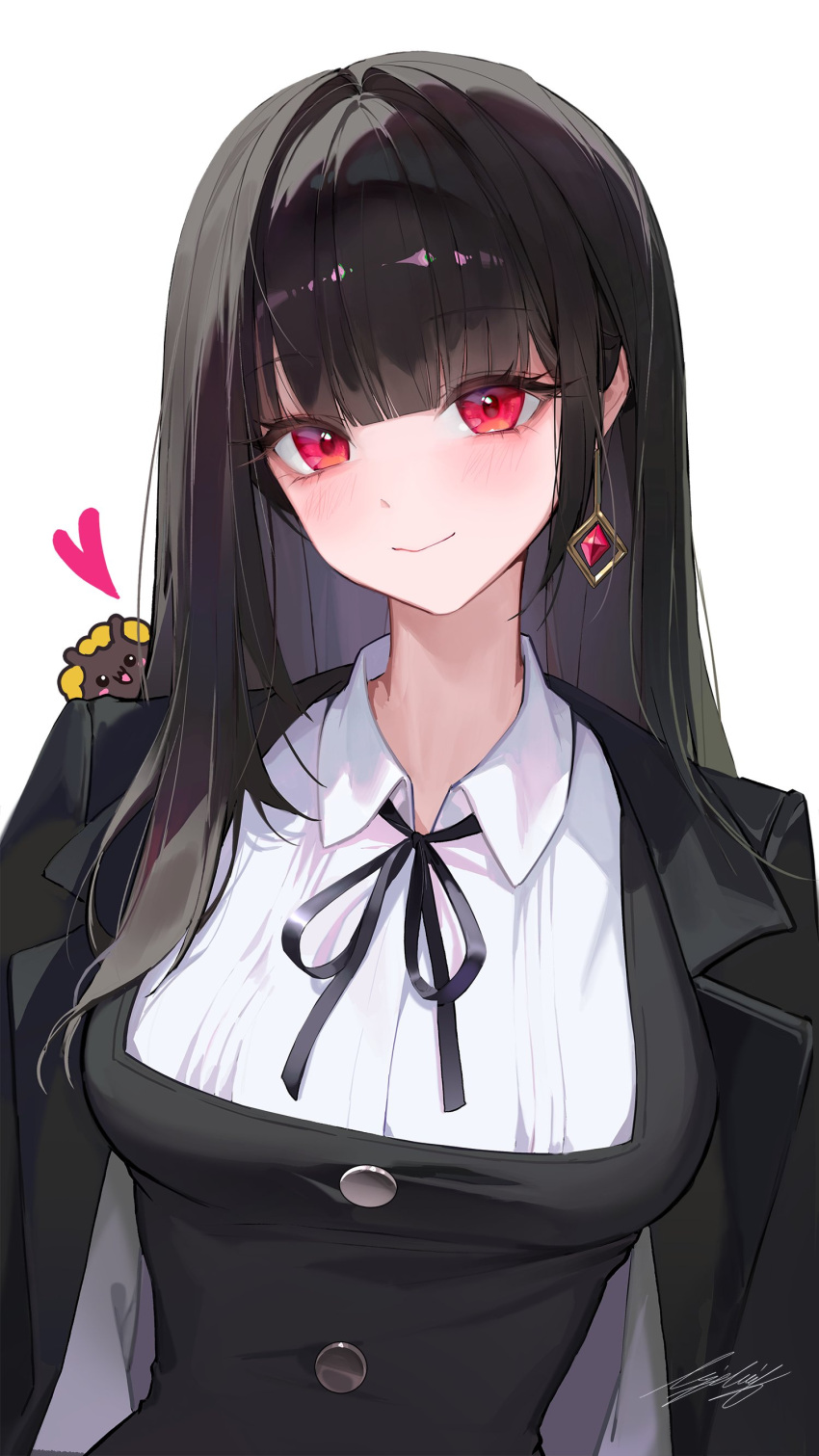 1girl, absurdres, alternate_hair_color, black_dress, black_hair, black_jacket, black_ribbon, blunt_bangs