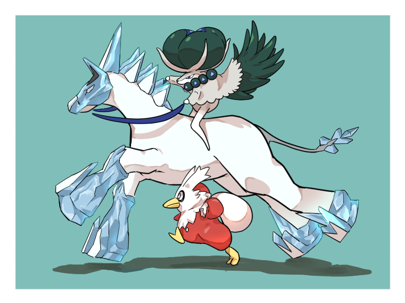 bag, bird, black_eyes, blue_eyes, calyrex, calyrex_(rider), delibird, glastrier